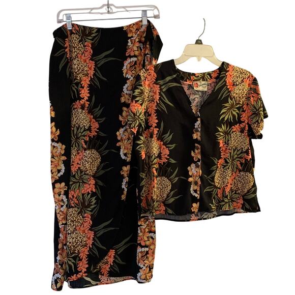 Vintage Hilo Hattie The Hawaiian Original Sz Large Top & Wrap Skirt Set Black - Picture 1 of 13